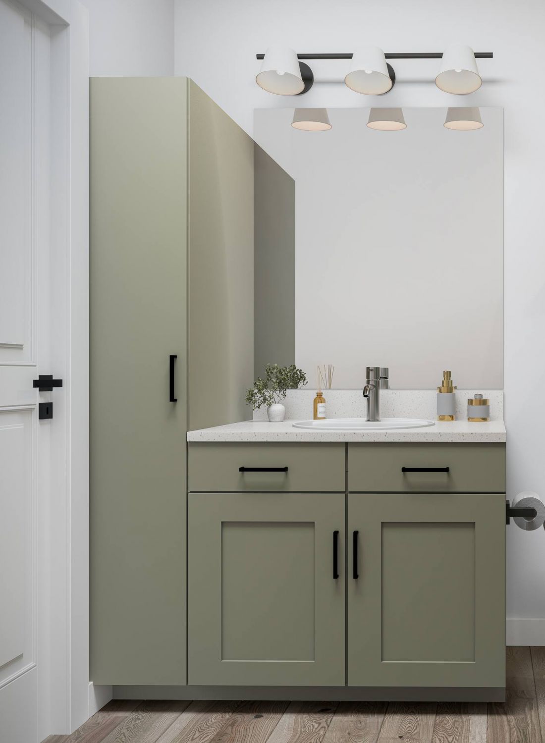Modern bathroom with green cabinets, white sink, toilet, green shower curtain, and wooden shelves at Bluff View at Frederick Creek.