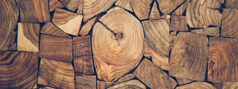 Stacked pieces of cut wood showing tree rings and varied natural brown textures.