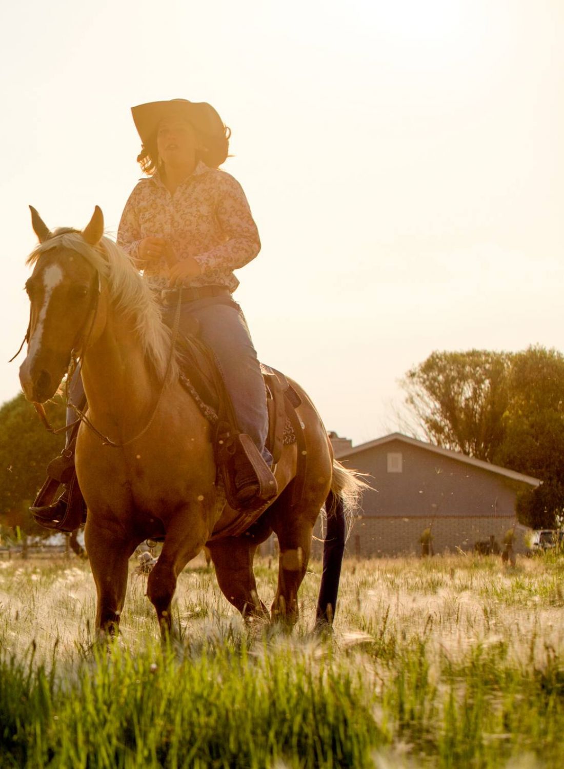 Person in a cowboy hat riding a horse through a grassy field at sunset, with a house in the background.