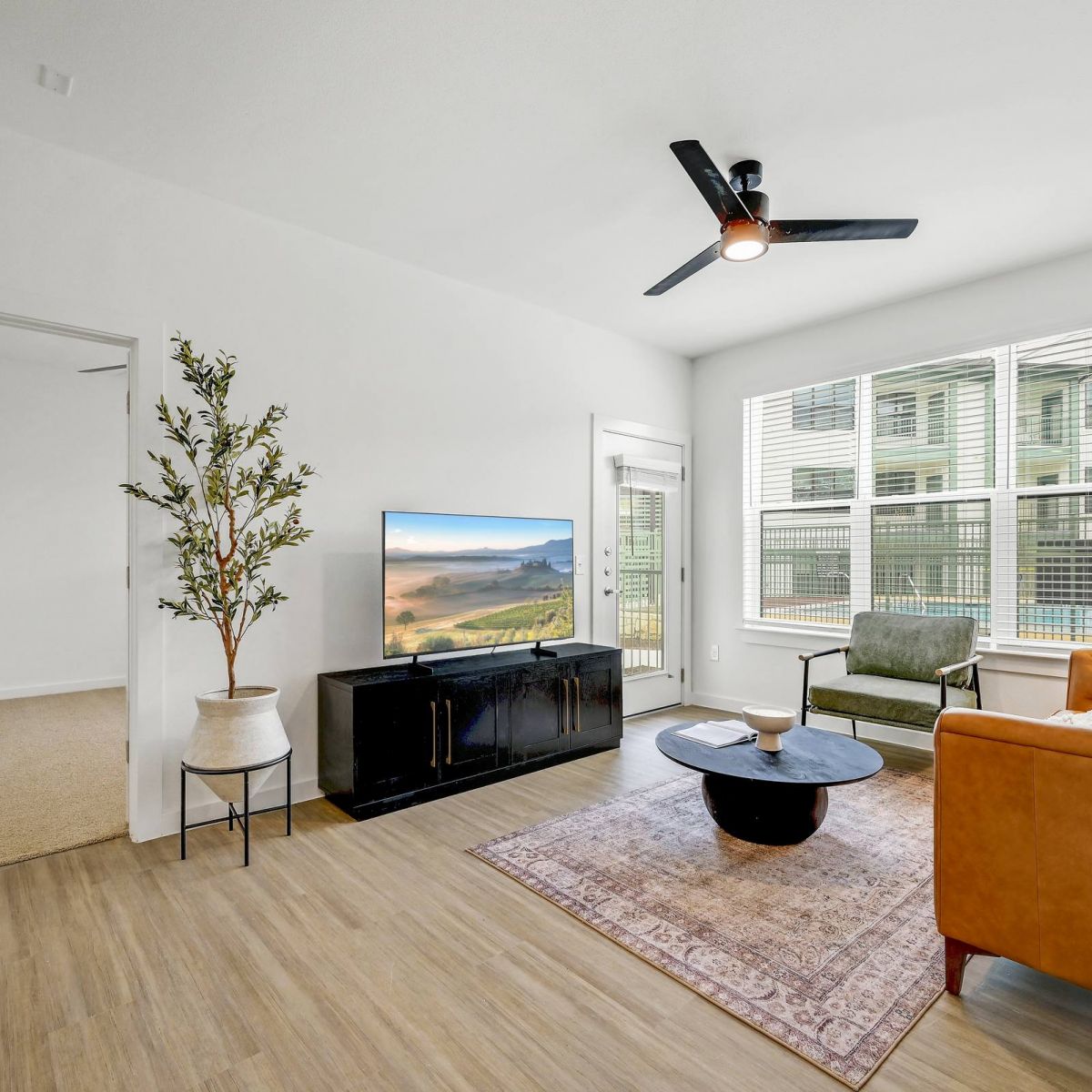 Bright living room with a brown sofa, TV, plant, coffee table, rug, and large windows at Bluff View at Frederick Creek.